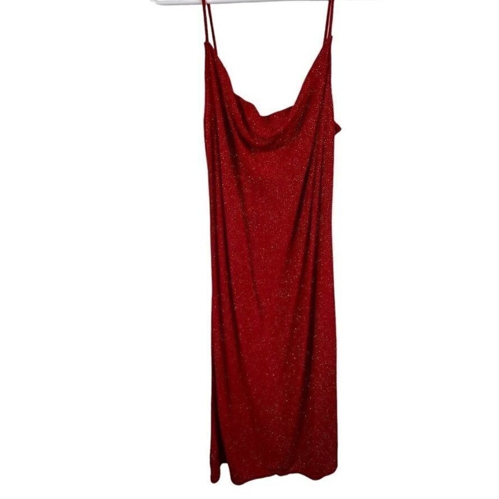Hana Red Glitter Cowl Neck Spaghetti Strap Midi Slip Dress Womens Medium